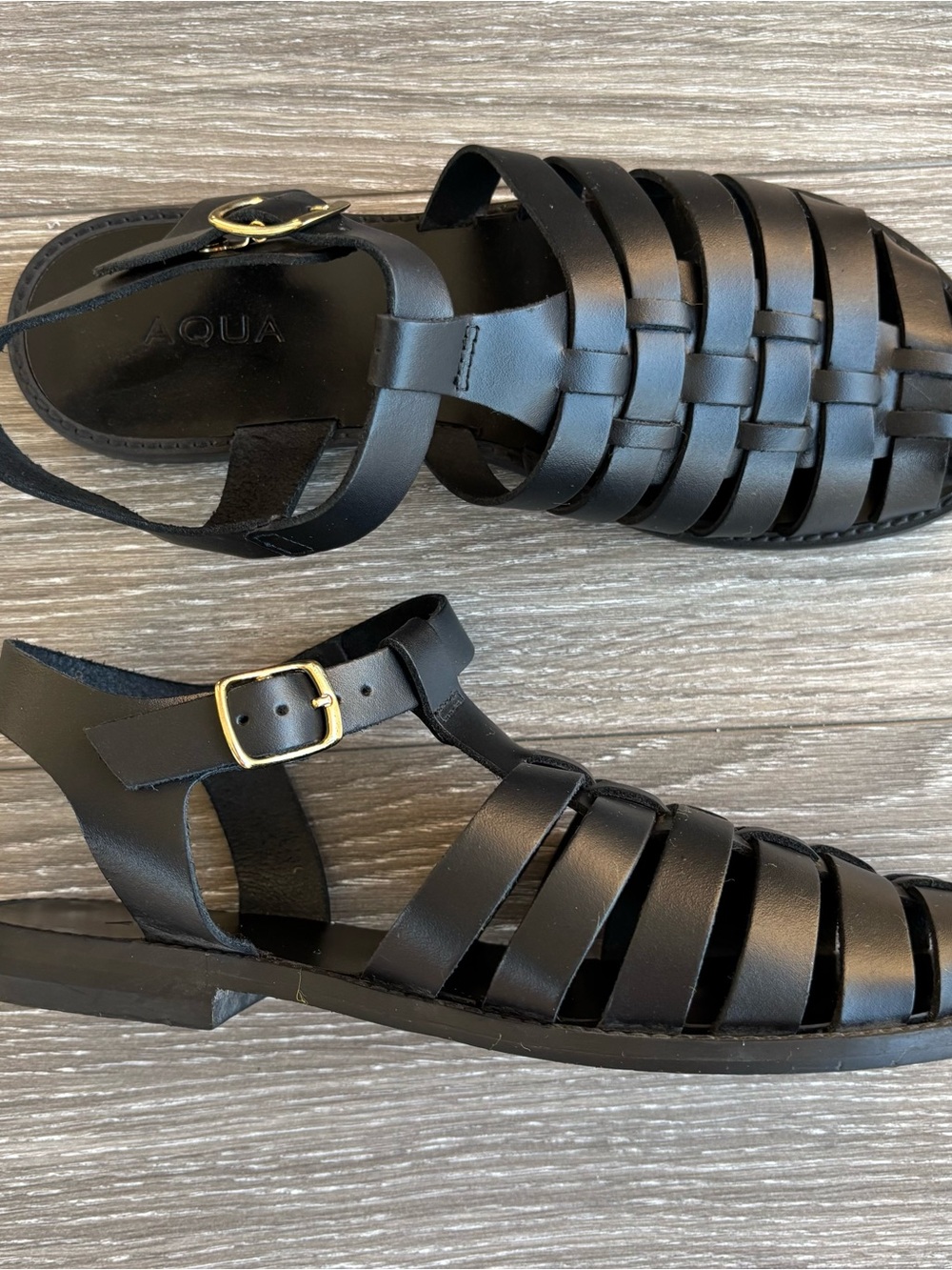 Aqua Black Woven Leather Buckle Sandals